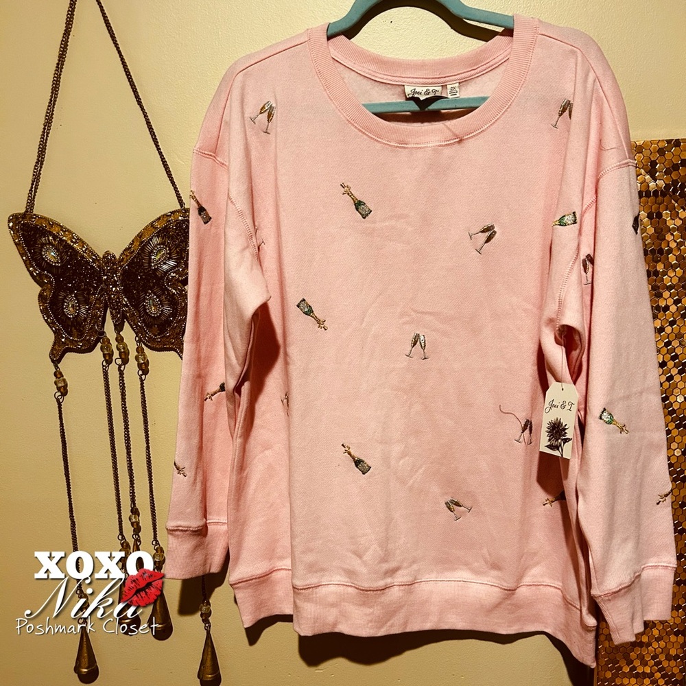Joei & I Pink Champagne Embroidered T Graphic Women’s Sweatshirt - Size 2X